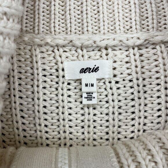 Aerie Sweater Cardigan Womens Medium Cream Zip Front Cowl Neck Cropped Knit - Picture 11 of 16